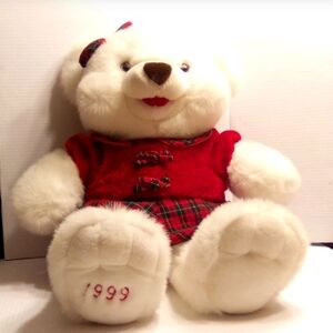 CHRISTMAS TEDDY BEAR 1999 White Teddy Bear with Red Outfit